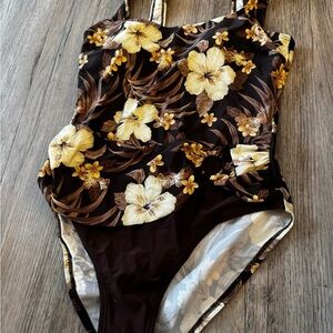 Floral One-Piece Swimsuit - Brown and Gold